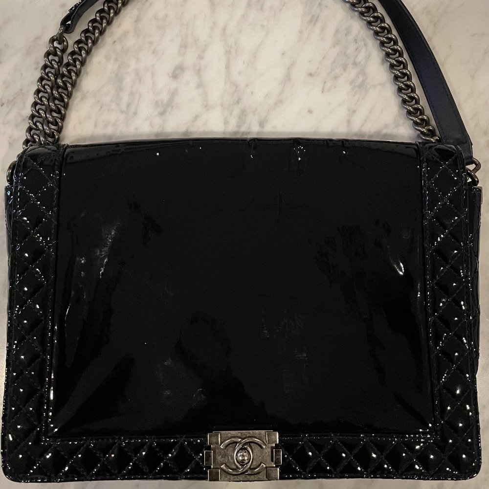CHANEL - Navy Blue Patent Leather Large Boy Rever